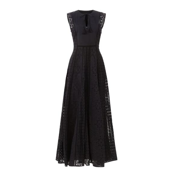 Veronica Beard Black Eyelet Maxi Dress MEDIUM Cottage Fit n Flare Designer $700 - Picture 9 of 14